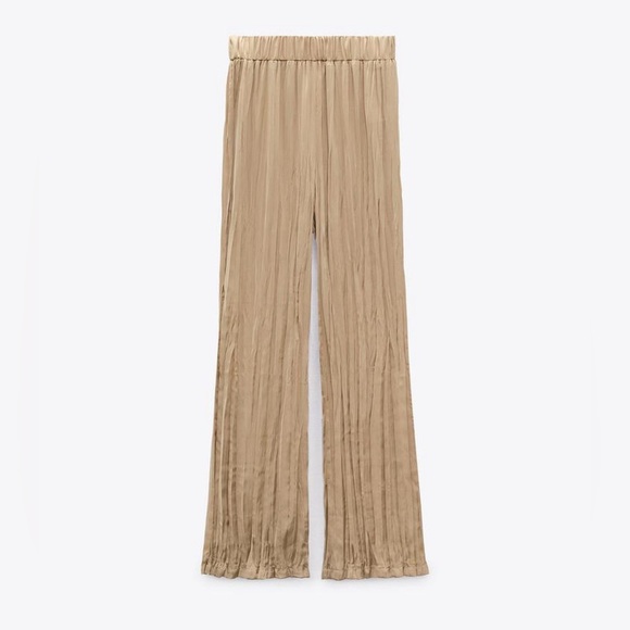 Zara Satin Pants Large Taupe Wide Leg Elastic Waist Lightweight Wrinkle Effect - Picture 12 of 16
